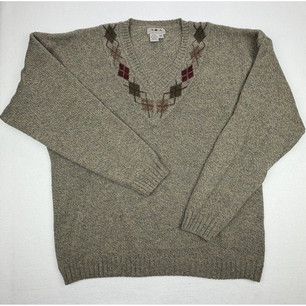 Vintage AKA Eddie Bauer Mens XXL Tall Wool Argyle V-Neck Sweater Marled Tan Gray